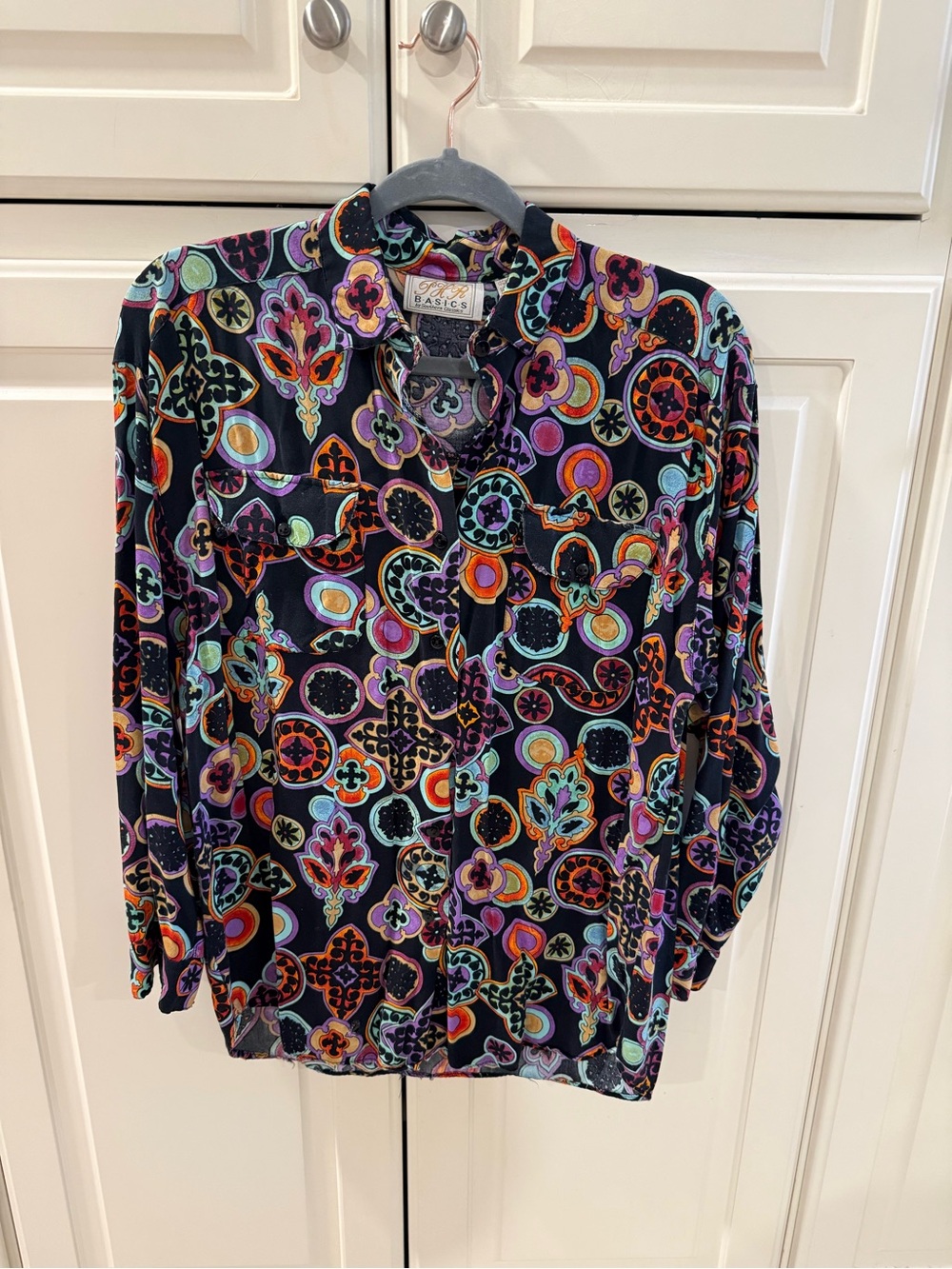 Vintage Multicolor Geometric Paisley Button-Front Women's Blouse